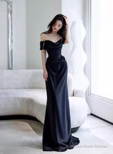 Elegant Black Off Shoulder Long Formal Gown, Black Satin Prom Dress Party Dress